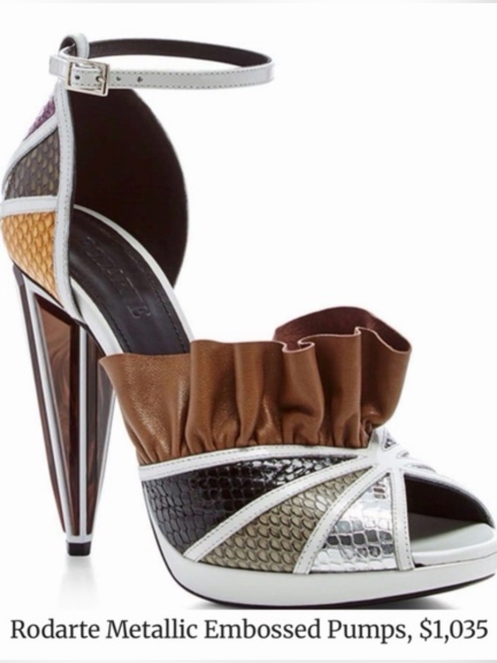 Rodarte Brown White Metallic Embossed Ruffle Ankle-Strap Pumps